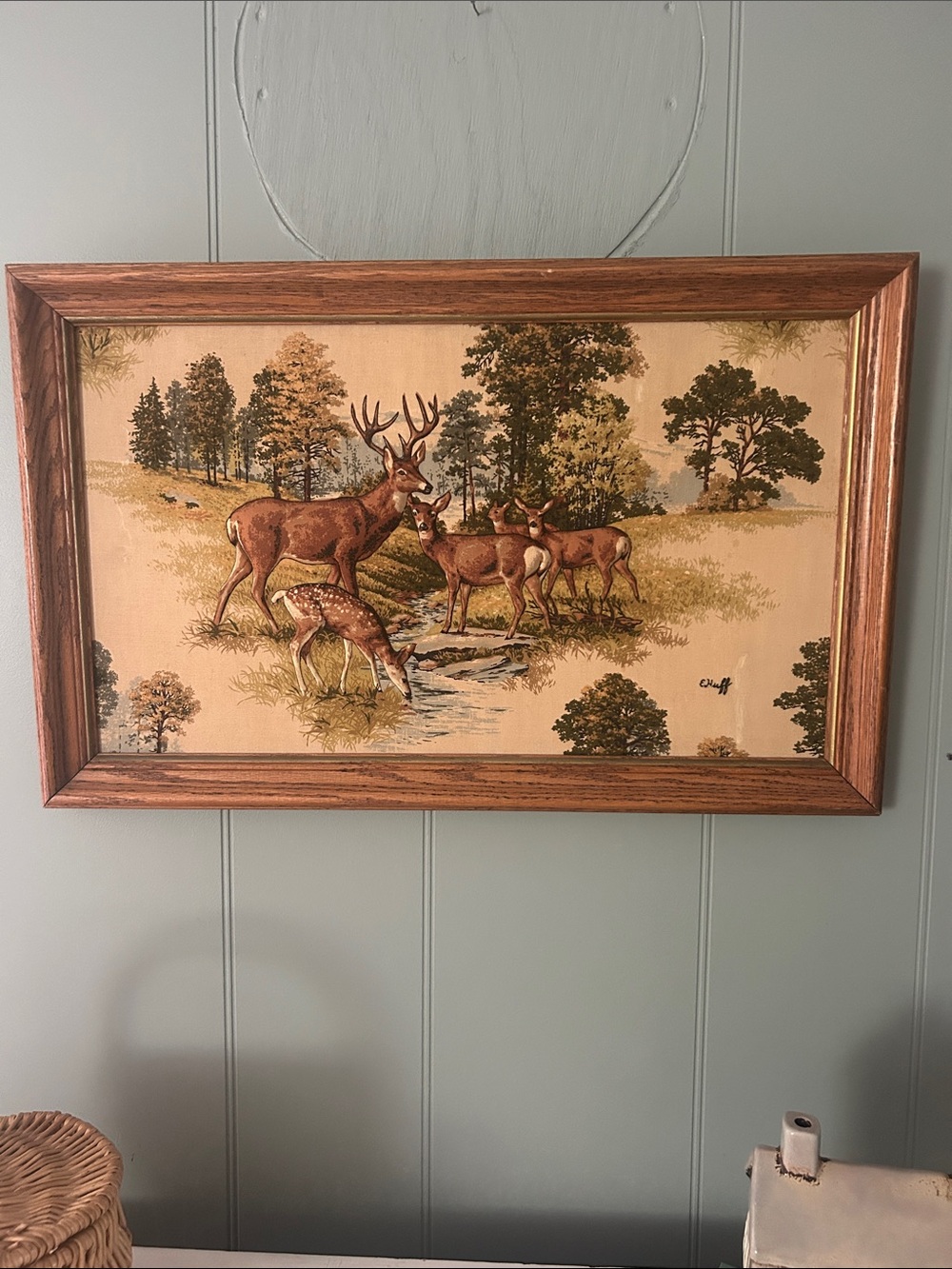 Vintage 1970’s puffed fabric trapunto framed deer wall art